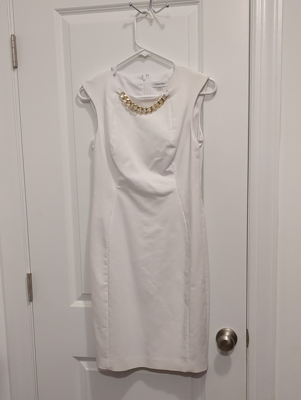 Calvin Klein White Midi Sheath Dress with Gold Chain Accent